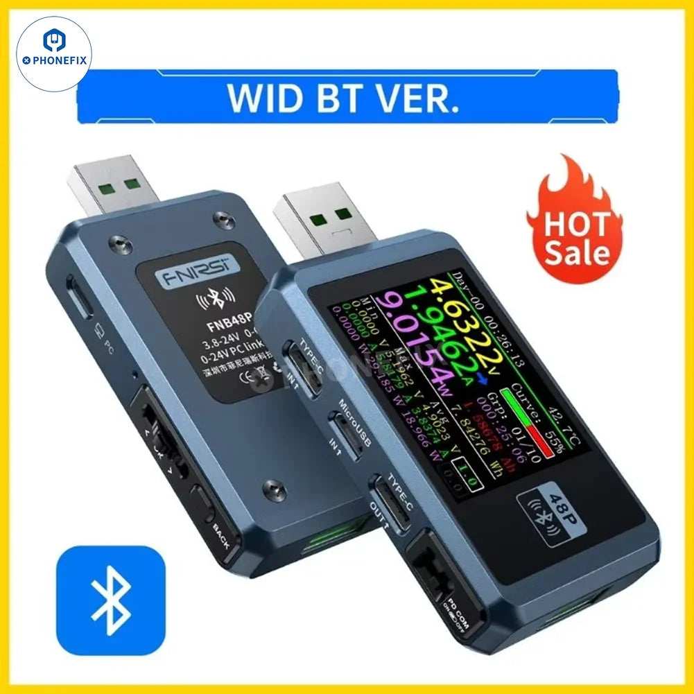 FNIRSI FNB48P USB tail tester by PHONEFIX showing a compact USB port tester used for phone fast charge detection