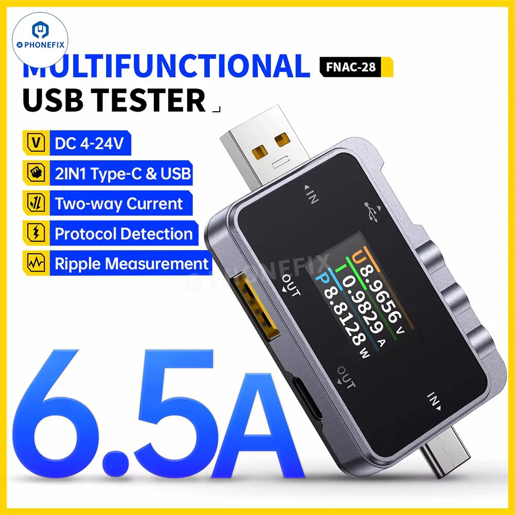 PHONEFIX FNAC-28 2-in-1 Type-C USB tester displaying voltage, current, and power readings on a digital screen.