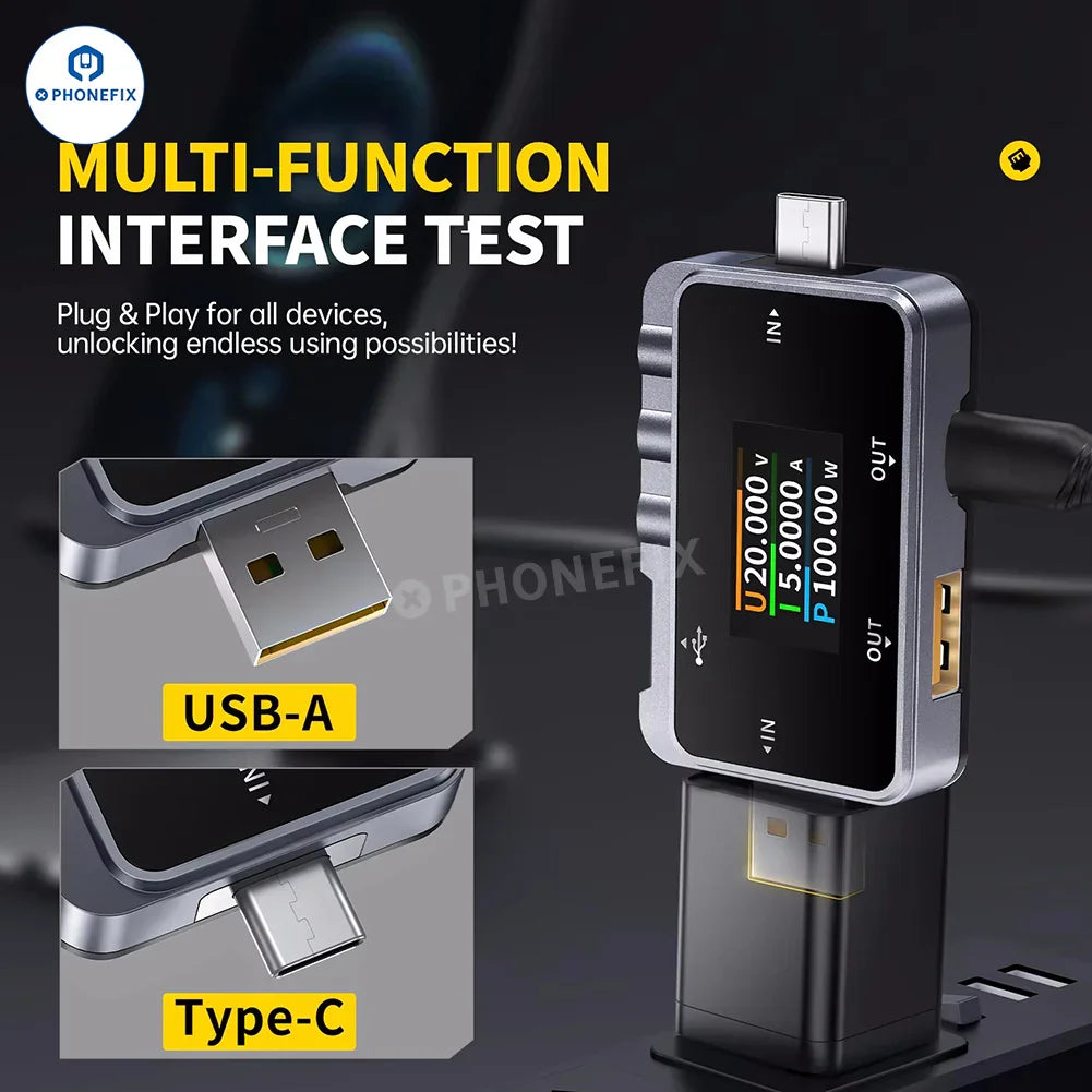 PHONEFIX FNAC-28 2-in-1 Type-C USB tester displaying voltage, current, and power readings on a digital screen.
