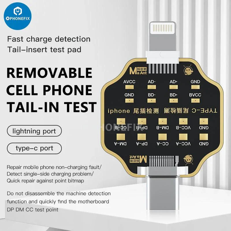 Micro USB dock flex test board for phone U2 charging port testing by PHONEFIX, showing the flexible micro USB connector and testing components.
