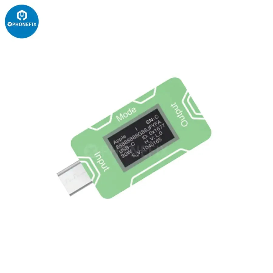 PHONEFIX JCID CT02 PD Charger Detector USB-C Adapter tests voltage and current, showing clear digital display on the tester device.