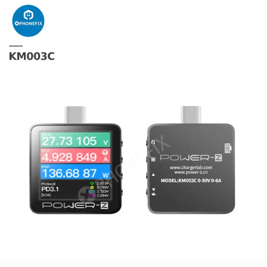 PHONEFIX POWER-Z KM003C USB-C tester showing digital display of voltage, current, and power measurements on a USB-C port.
