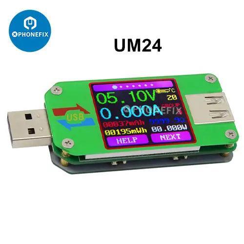 USB port tester with color LCD display showing voltage, current, and power readings, made by PHONEFIX.
