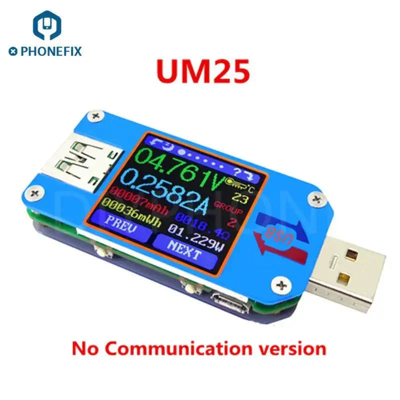 USB Type-C LCD display power meter and multimeter from PHONEFIX showing USB port testing and voltage readings