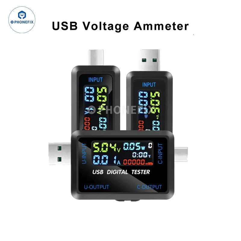 USB Type-C digital tester from PHONEFIX displaying voltage and current readings for USB port testing and diagnostics.