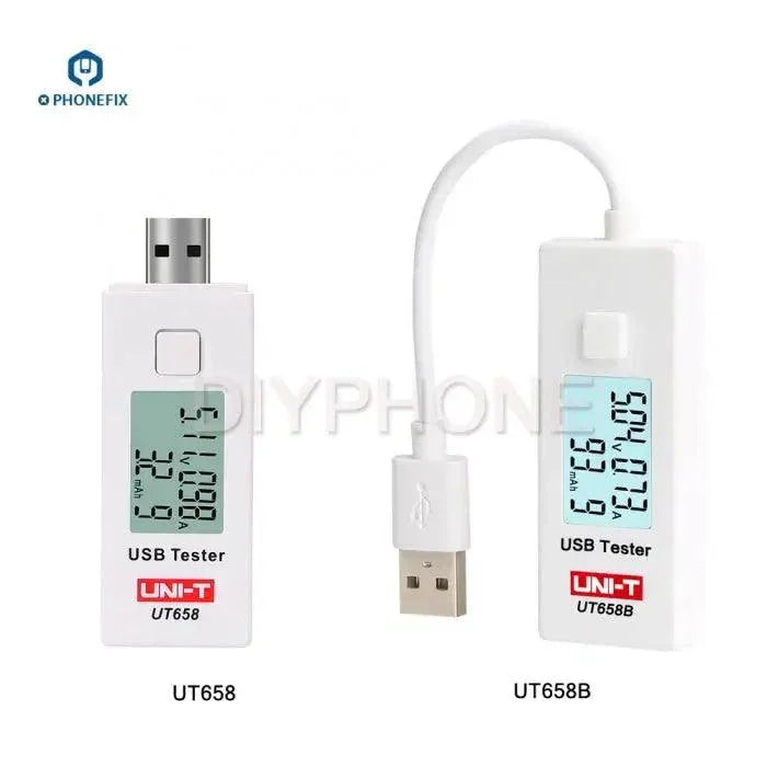 PhoneFix UT658 Mini USB Tester charger current multimeter with digital LCD display for testing USB ports and charging devices.