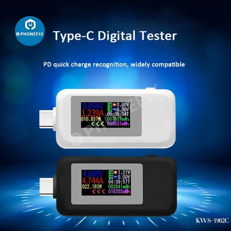 PhoneFix 10-in-1 USB Type-C current voltage tester meter showing digital display and multiple measurement ports for testing USB devices.