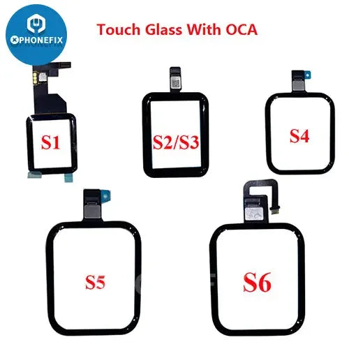Apple Watch S1-S6 touch digitizer glass with OCA for 38-44mm, compatible watch accessory by PHONEFIX, shown in image.