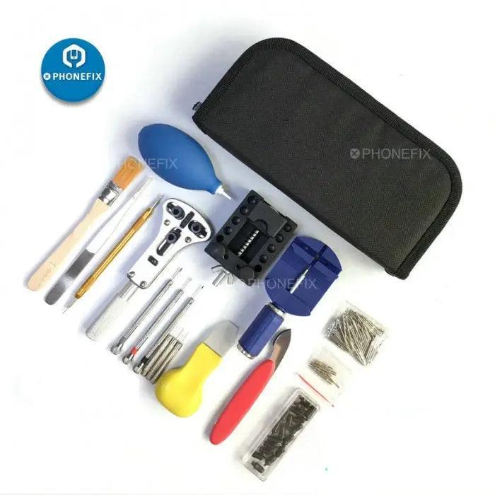 Set of 146 PHONEFIX watch repair tools including pry tools and spring bar for beginners, ideal for watch and phone repairs.