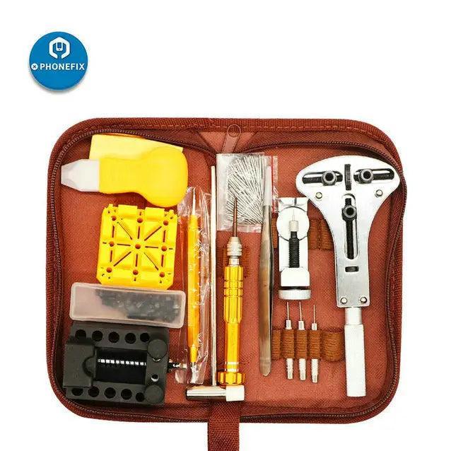 Set of 149 PHONEFIX watch repair tools including cover openers, steel spring bars, and precision tools for watch maintenance.