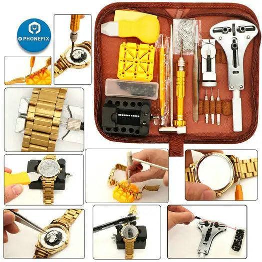 Set of 149 PHONEFIX watch repair tools including cover openers and steel spring bar tools for watch maintenance and repair.