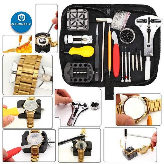 PhoneFix 151pcs watch repair tool kit with link pin remover, case opener, and various repair tools for watches.