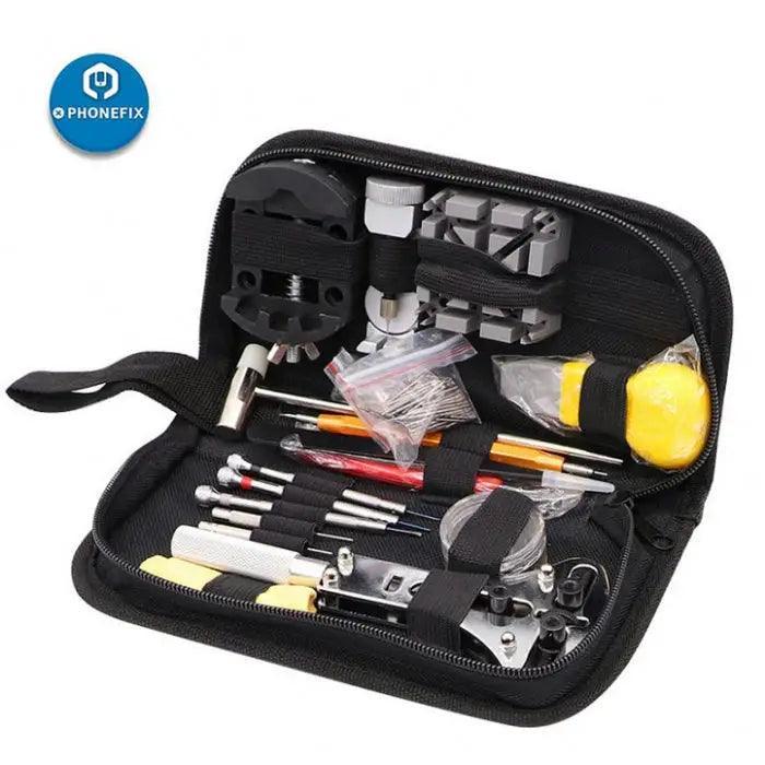 PhoneFix 151-piece watch repair tool kit with link pin remover, case opener, and repair tools for watch maintenance.