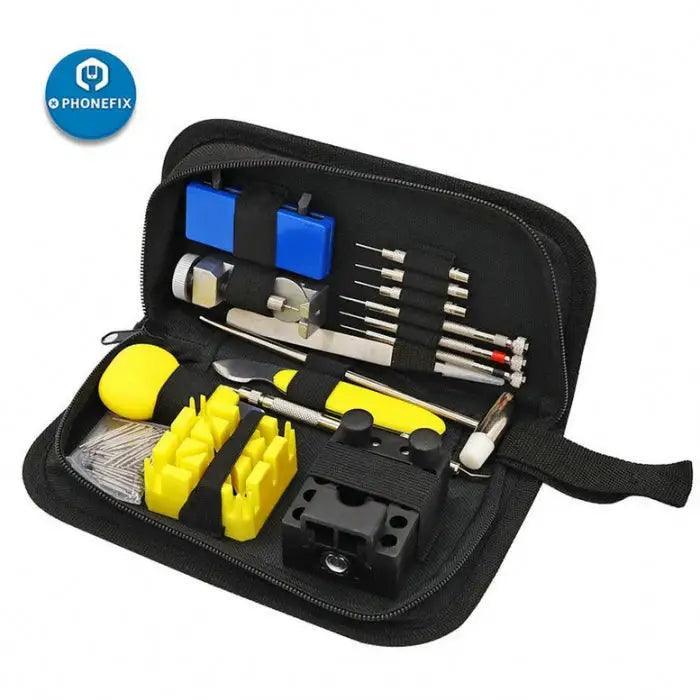 168-piece PHONEFIX watch link pin remover and case opener repair tool kit for watchmakers, includes various repair tools.