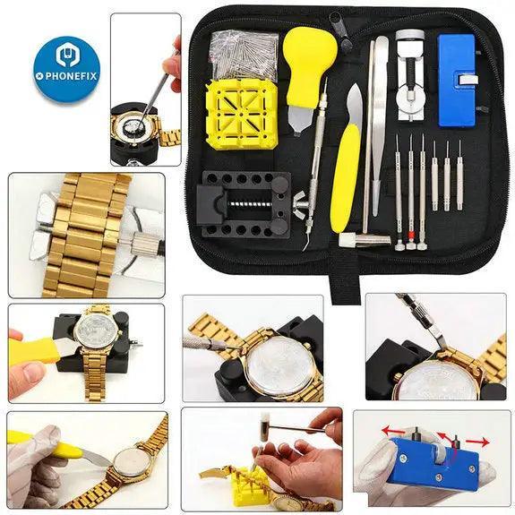 168-piece PHONEFIX watch repair tool kit with link pin remover and case opener for watchmakers and watch repair.