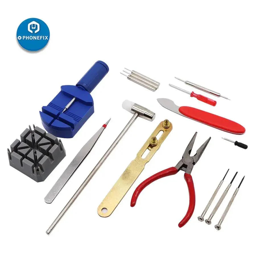 PhoneFix 16-piece watch repair hand tool kit with screwdrivers and prying tools for watch opening and maintenance.