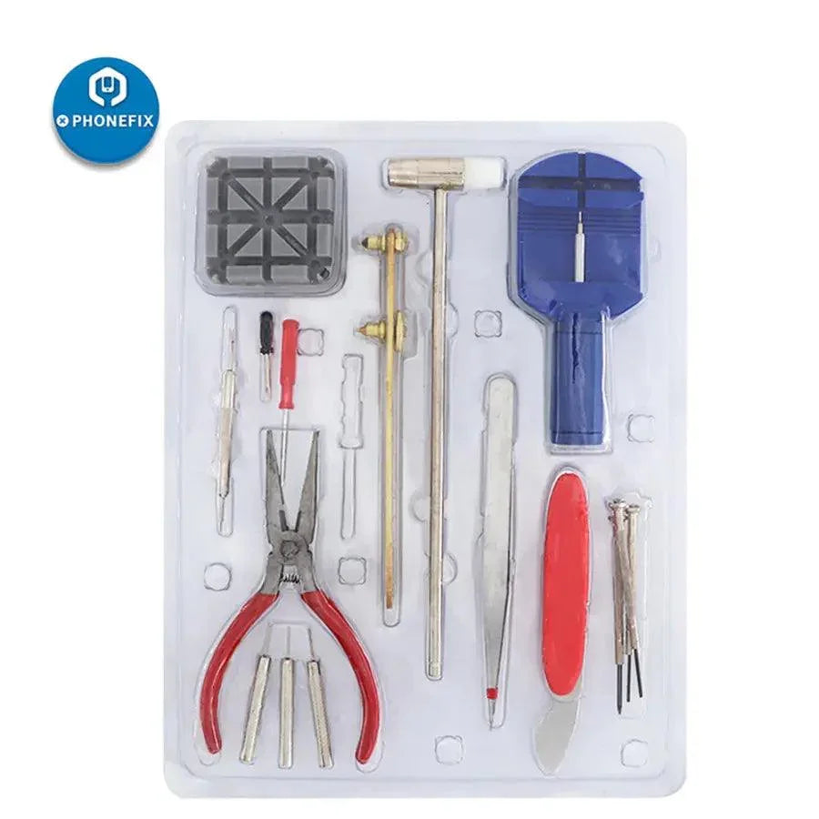 Set of 16 PHONEFIX watch repair tools for opening and repairing watches, suitable for watchmakers and hobbyists.