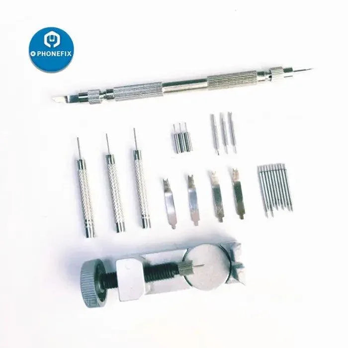 25pcs Phonefix watch strap link pin tools kit with spring bar for watch repair, includes various tools for watch band adjustment.