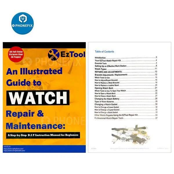 PhoneFix watch repair tools set with illustrated PDF guide for beginners, including small screwdrivers and watch repair accessories.