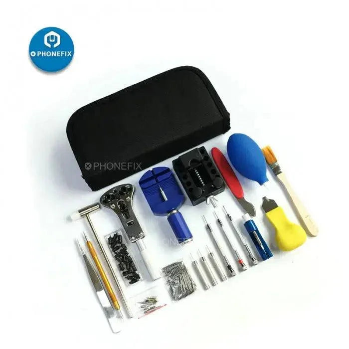 Set of 150 PHONEFIX watch repair tools including dust remover and cover opening tools, ideal for watch maintenance and cleaning.