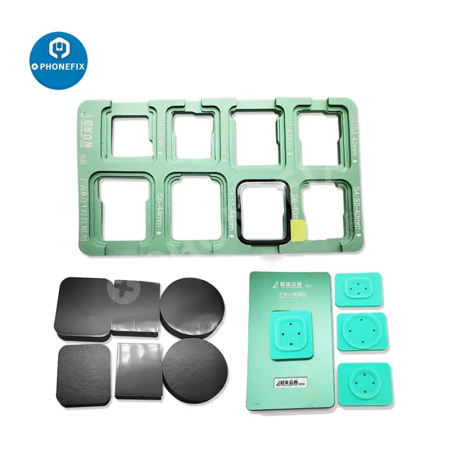PHONEFIX 10-in-1 Apple Watch S1-S8 alignment positioning mold for 38-44mm watch repair tools, used for precise watch component placement.