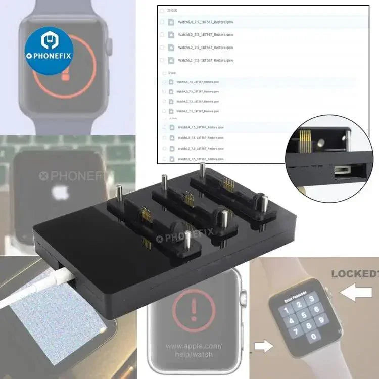 Apple Watch Restore Tool AWRT 3rd Gen Adapter for iWatch iCloud Bypass by PHONEFIX, shown with black and silver components.