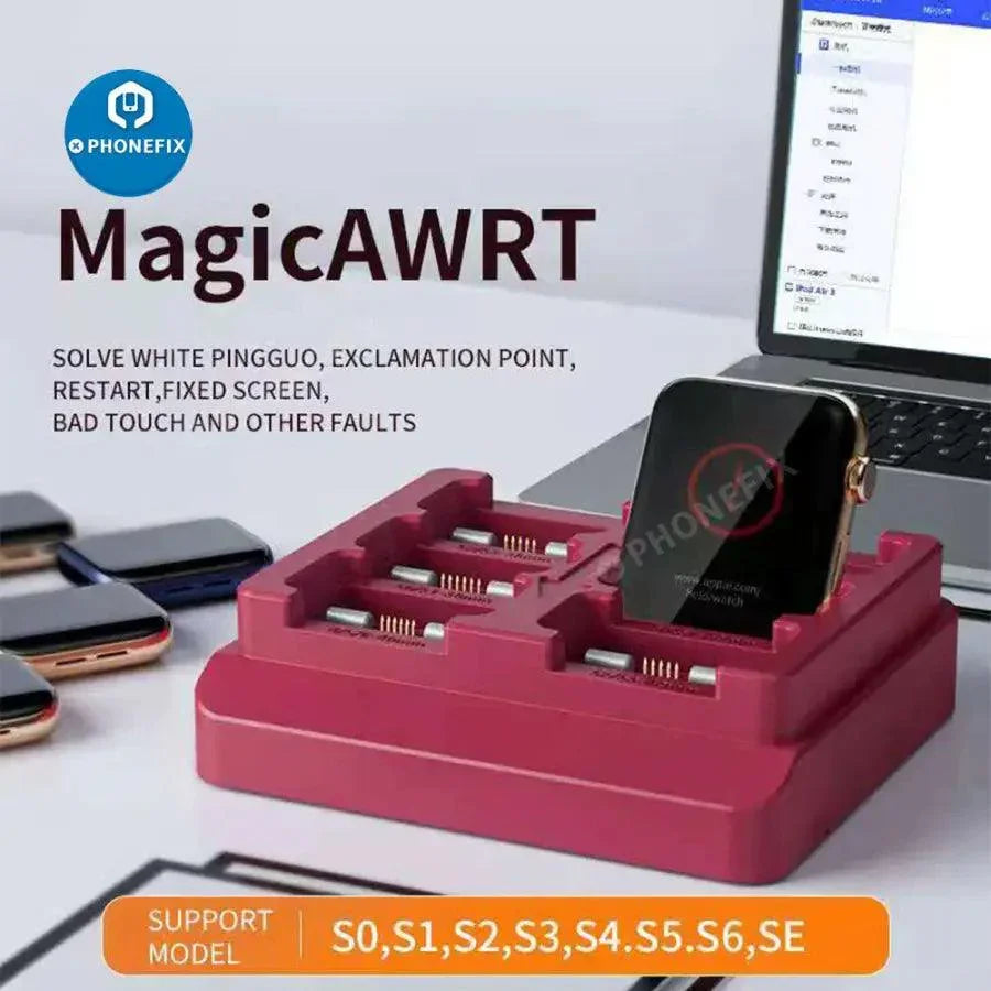 Magicawrt MagicClock iCloud Bypass Repair Tool for Apple Watch, PHONEFIX Watch Restore Tool in black with blue accents.