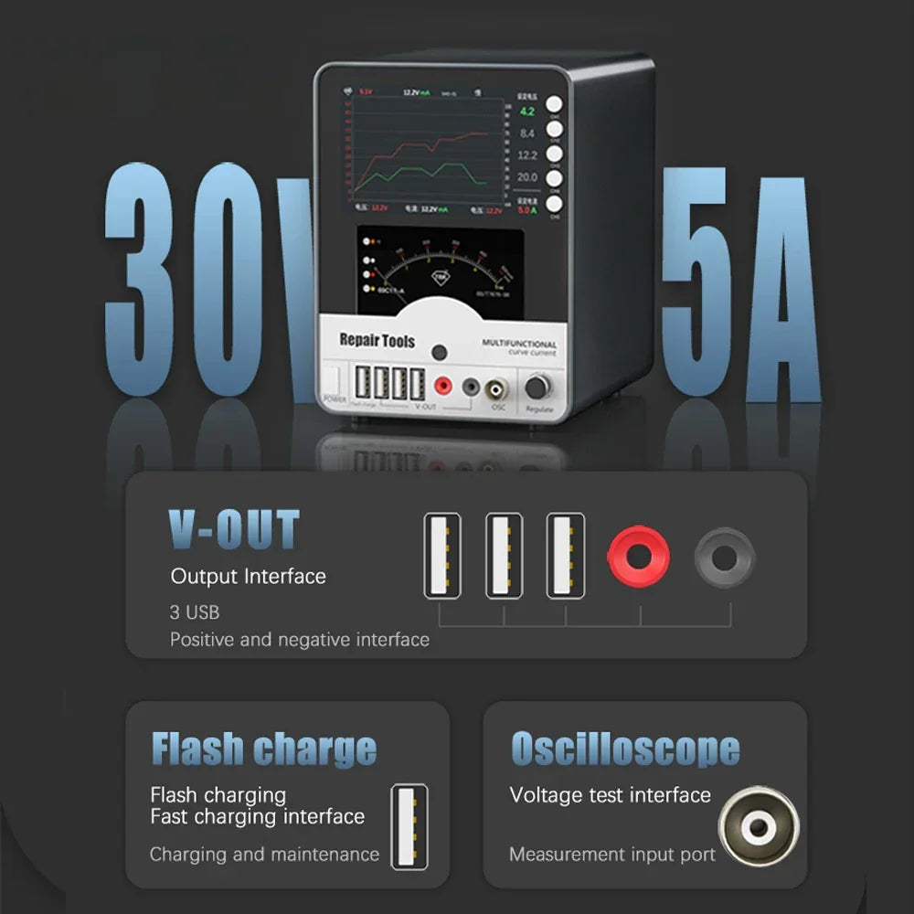 Multifunctional DC power supply with USB outputs, oscilloscope, and voltage test ports for phone repair, 30V 5A.