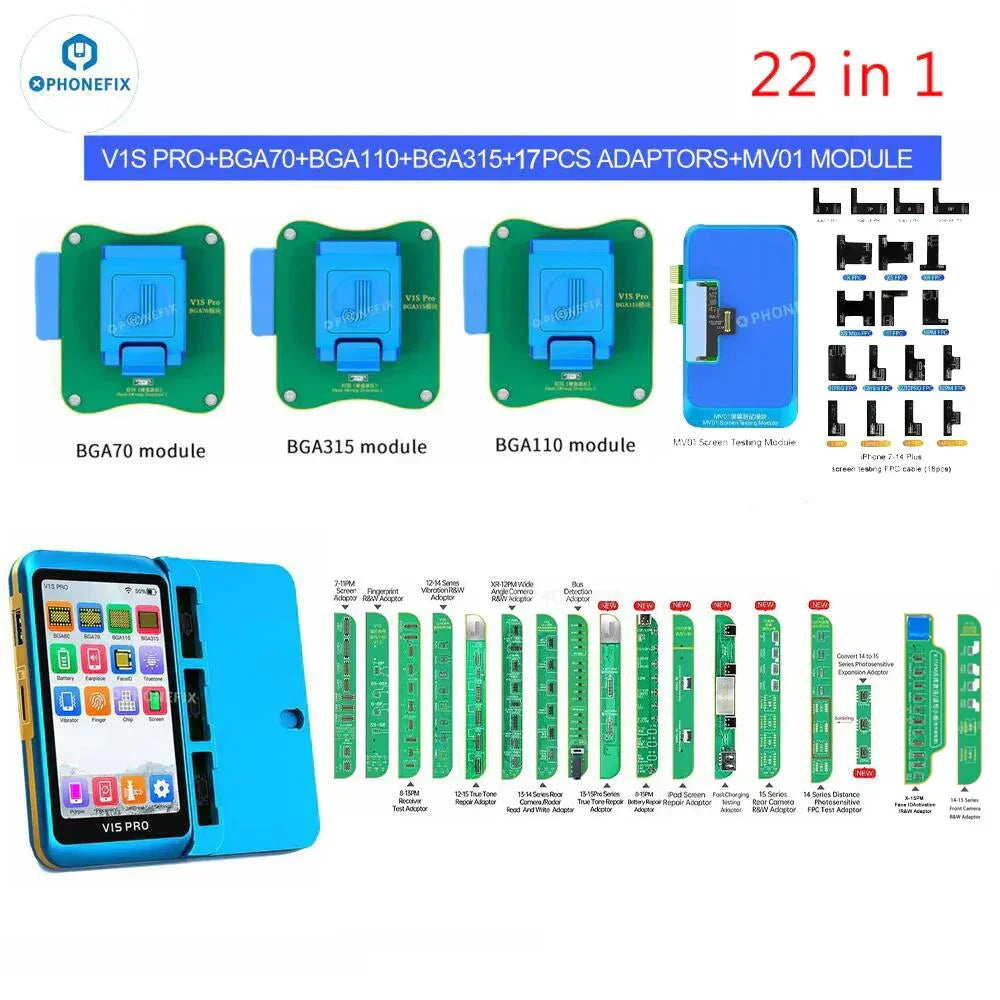 V1S Pro 22-in-1 mobile phone repair tool kit with BGA modules, adapters, and screen testing module.