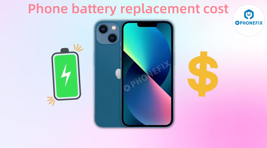 Phone battery replacement cost illustration featuring smartphone, battery icon, and dollar sign.
