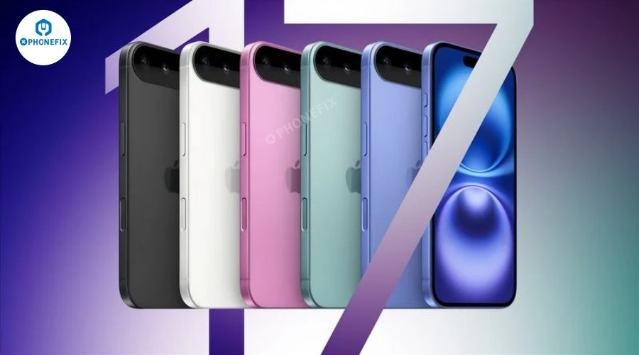 Row of five new smartphones in different colors against a gradient background, highlighting mobile phone models.