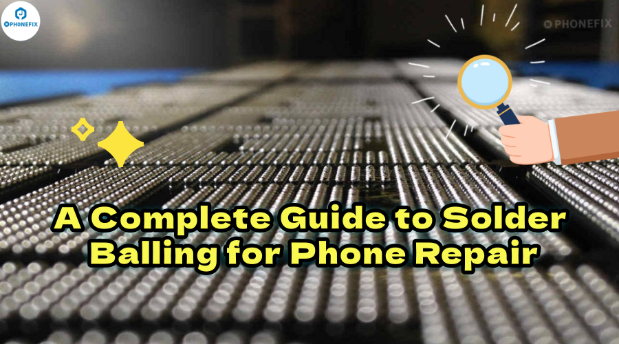 Close-up of solder balls with text guide for mobile phone repair solder balling