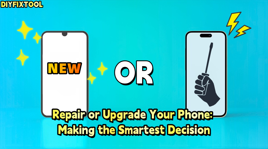 Graphic showing choice between new smartphone upgrade or phone repair with tools icon.
