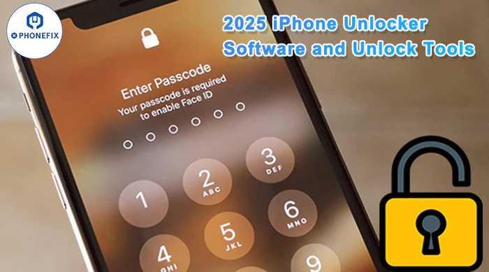 iPhone passcode screen with unlock icon, 2025 iPhone unlocker software and tools text