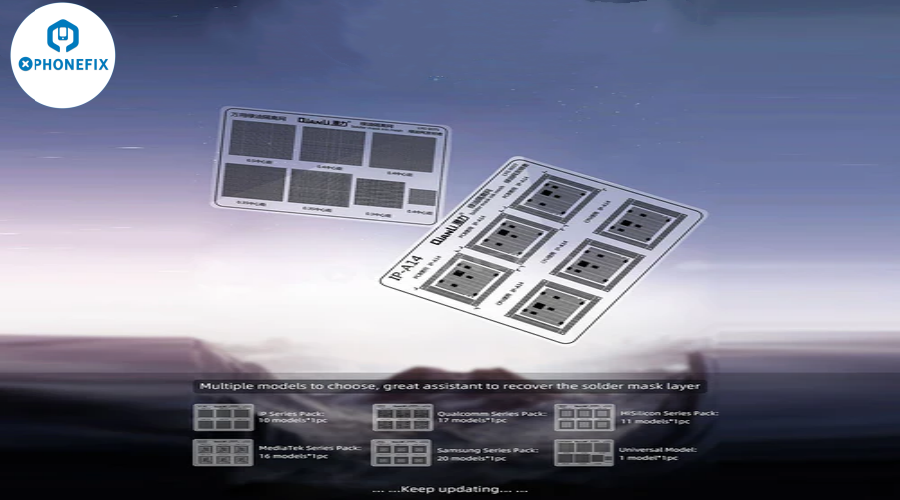 Solder mask stencils for mobile phone repair on gradient background, listing multiple chip series models.