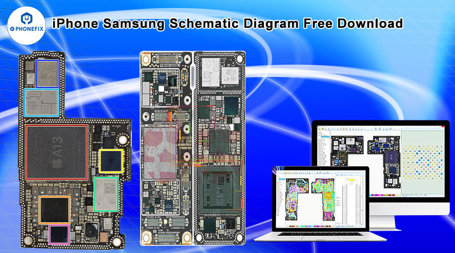 iPhone and Samsung motherboard diagrams with circuit schematics on computer screens, blue tech background