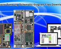 iPhone and Samsung motherboard diagrams with circuit schematics on computer screens, blue tech background