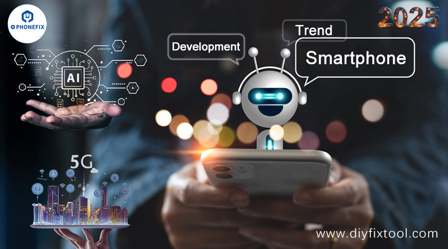 Person holding smartphone with AI robot, 5G city, tech trends and 2025 predictions.