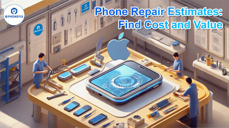 Technicians analyzing smartphone repair tools and cost estimate in a modern phone repair shop