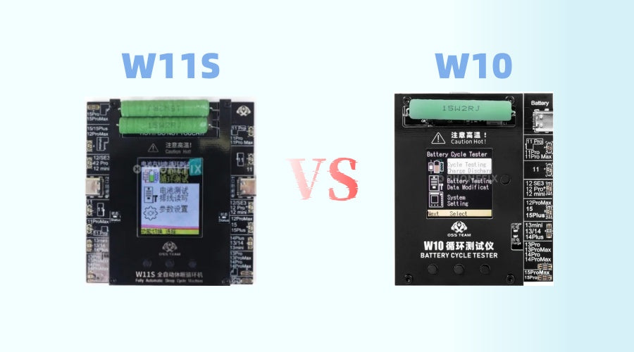 W11S vs W10 battery cycle testers for mobile phone repair, front view comparison with screens displayed.