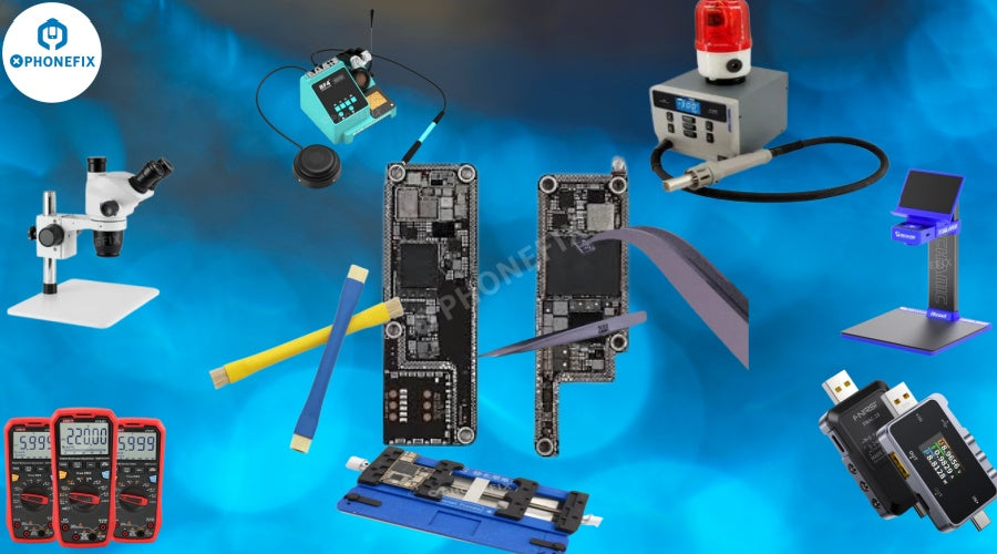 Mobile phone repair tools, microscope, multimeters, circuit boards, and testing equipment on blue background