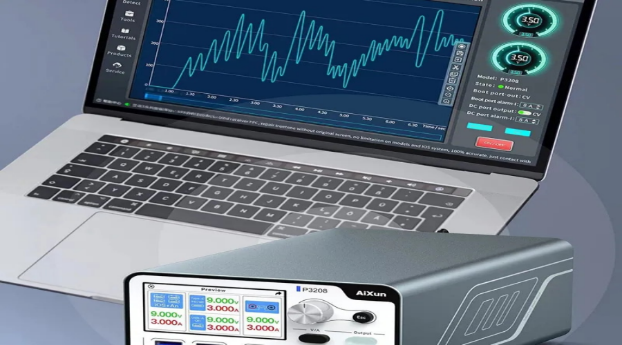Laptop displaying repair diagnostics software and digital phone repair tool P3208 on desk