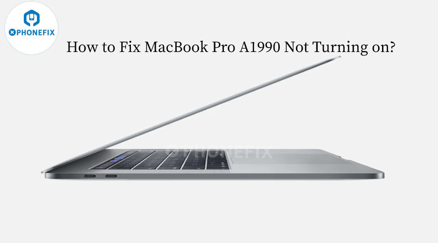 MacBook Pro A1990 side view with text guide on troubleshooting not turning on issue