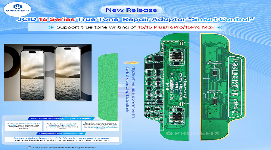 JCID 16 series true tone repair adaptor for iPhone 16, 16 Plus, 16 Pro, 16 Pro Max, with circuit boards and phone screens.