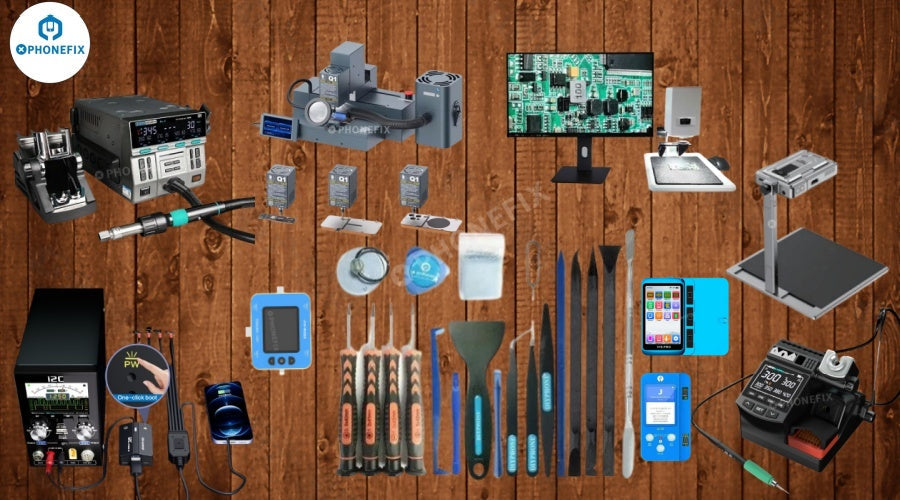 Mobile phone repair tools, soldering stations, microscopes, pry tools, and circuit boards on wooden background