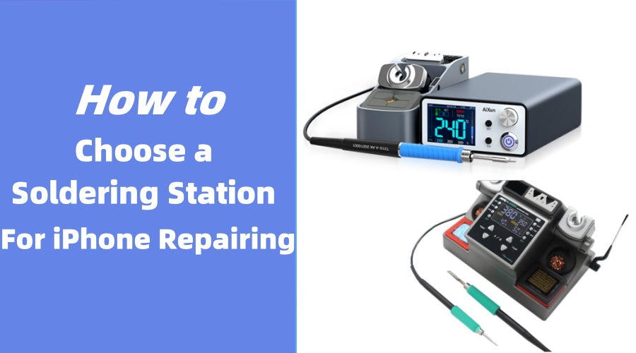 Two digital soldering stations with temperature displays and tools for iPhone repair guidance.