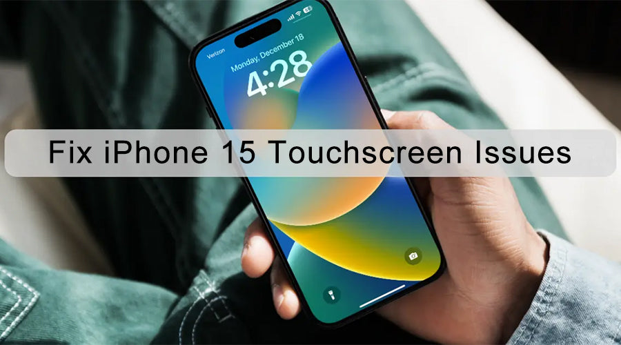 Hand holding iPhone 15 with text overlay about fixing touchscreen issues