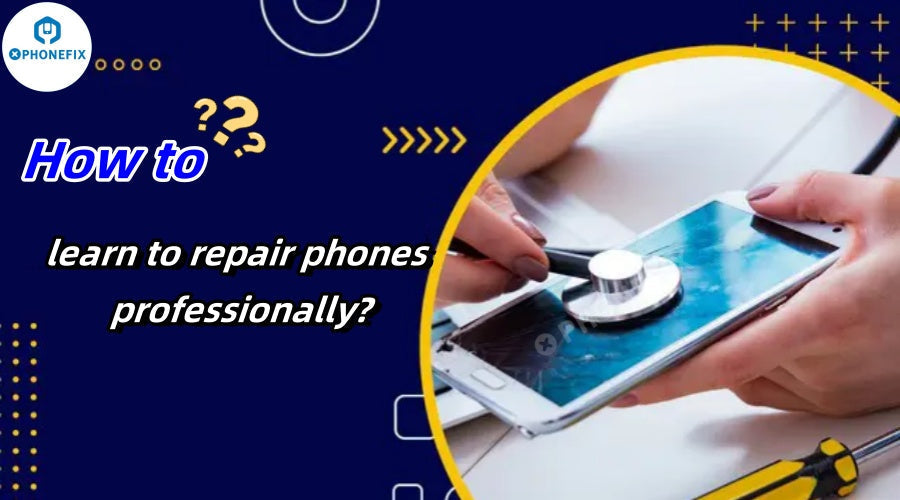 Hands examining a smartphone with a stethoscope, phone repair tools, and text about learning phone repair professionally.