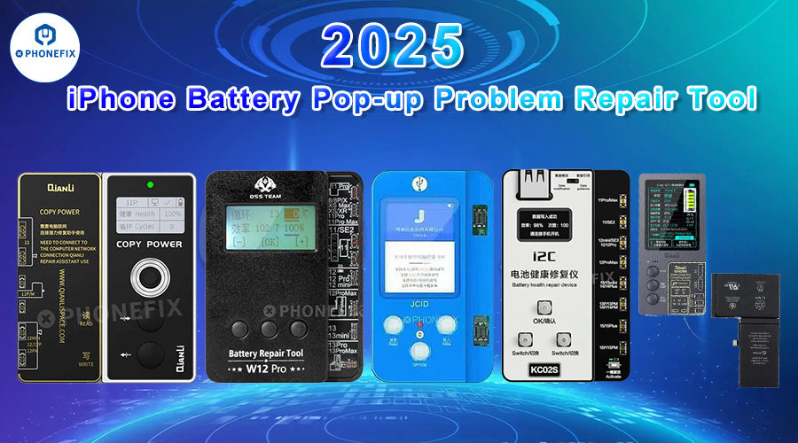 2025 iPhone battery repair tools lineup for battery pop-up issues, various diagnostic devices on blue tech background
