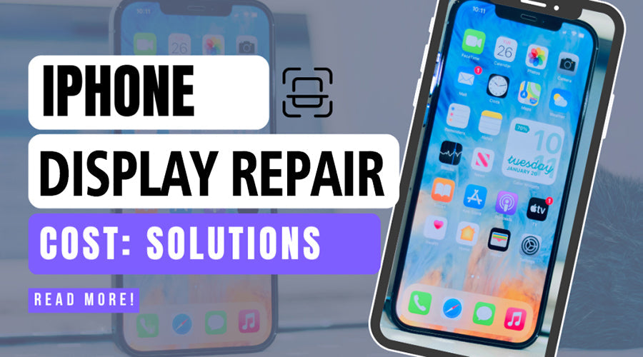 iPhone display repair solutions banner with smartphone and repair cost information